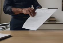 AI-generated image: A man is holding a document with a clip attached to it.