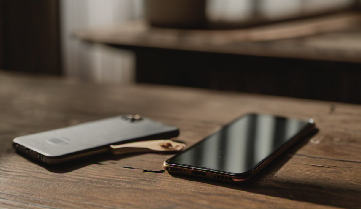 AI-generated image: Two smartphones are placed side-by-side on a wooden surface.