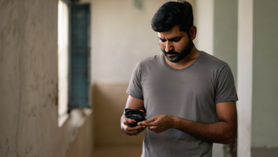 AI-generated image: A man with dark hair and a beard is leaning against a wall.