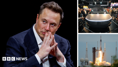 A composite picture shows Elon Musk wearing a blue suit jacket and white shirt next to a photo of a Tesla car and a…