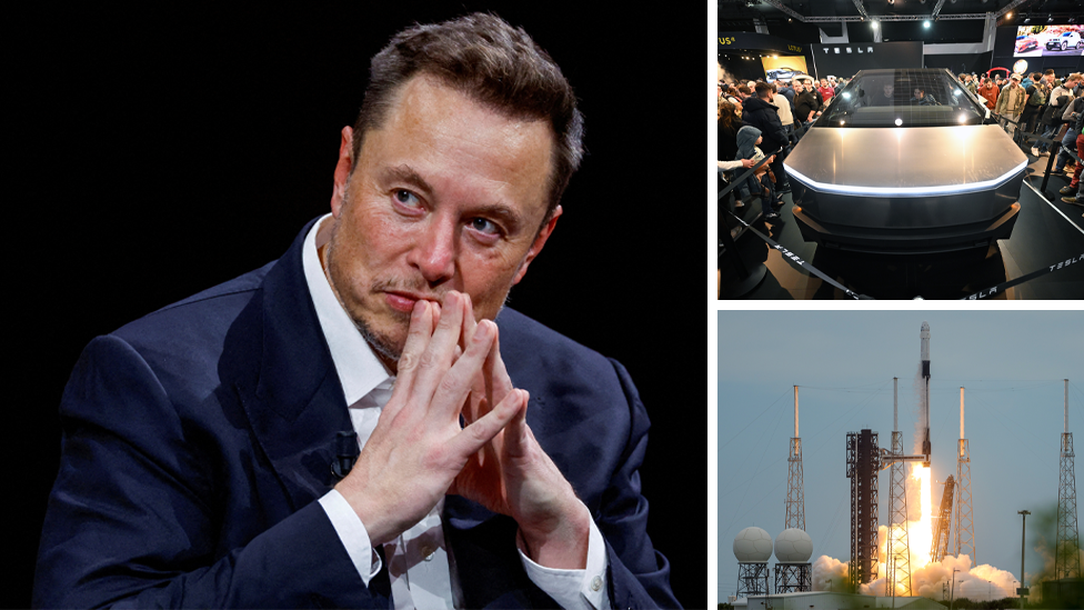 A composite picture shows Elon Musk wearing a blue suit jacket and white shirt next to a photo of a Tesla car and a…