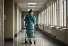 AI-generated image: A nurse is walking away from the viewer down a long corridor in a hospital.