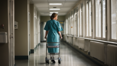 AI-generated image: A nurse is walking away from the viewer down a long corridor in a hospital.