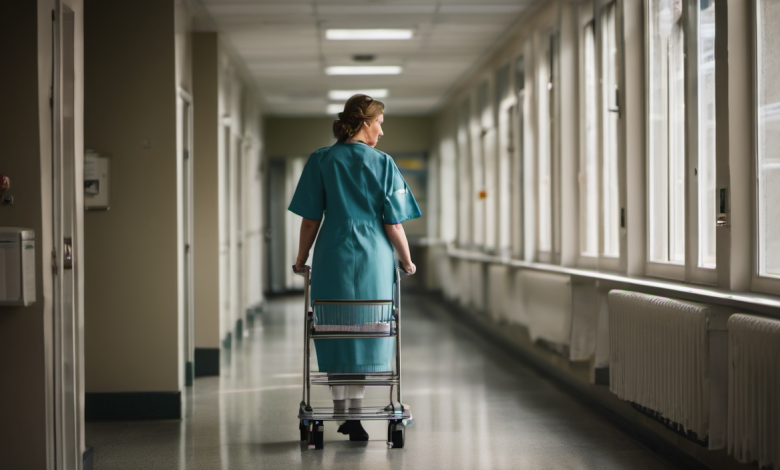 AI-generated image: A nurse is walking away from the viewer down a long corridor in a hospital.