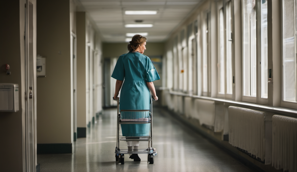 AI-generated image: A nurse is walking away from the viewer down a long corridor in a hospital.