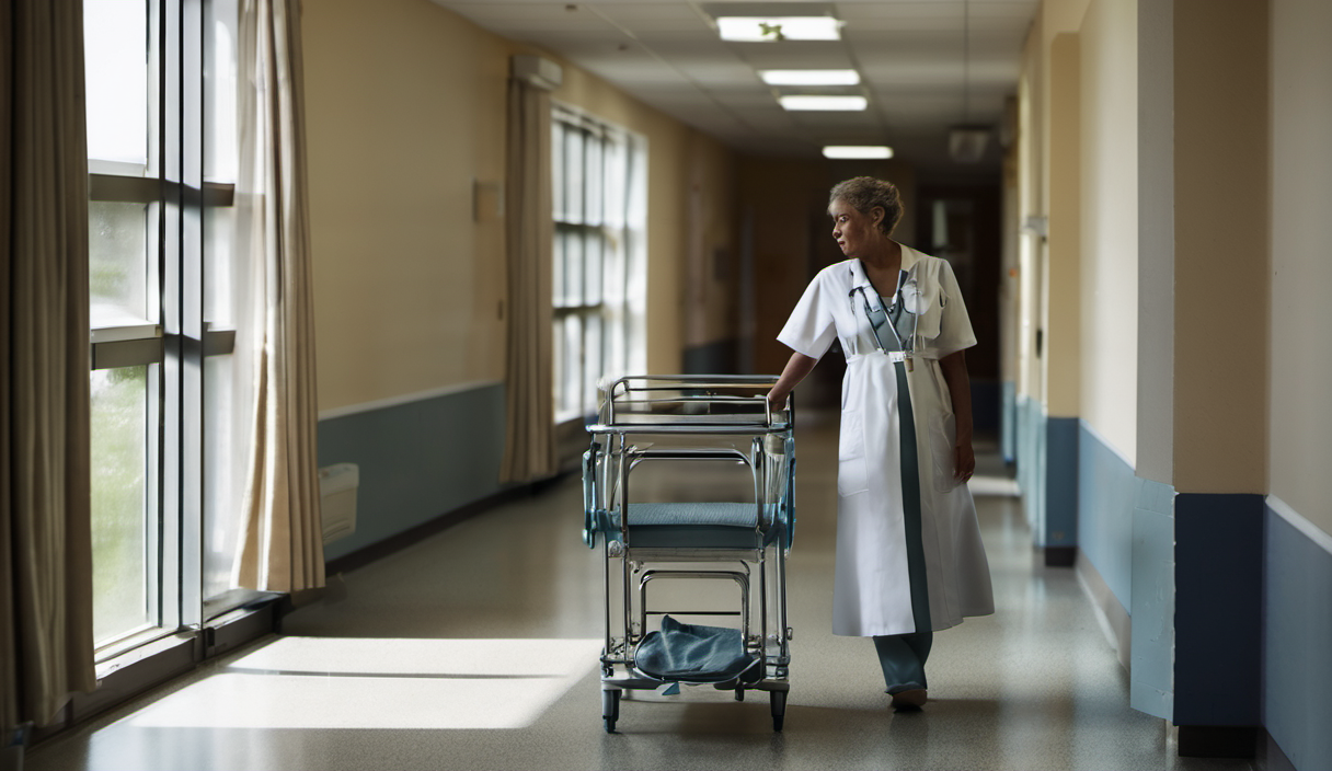 AI-generated image: A nurse is walking down a long hallway in a hospital.
