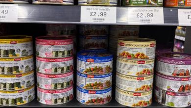 Meze style dishes in tins on a supermarket shelf