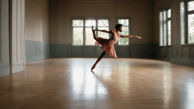 AI-generated image: A young woman is dancing in a large, empty room.