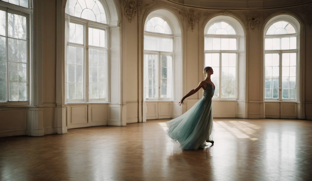 AI-generated image: A woman in a flowing, light blue dress is dancing in a large, empty ballroom.