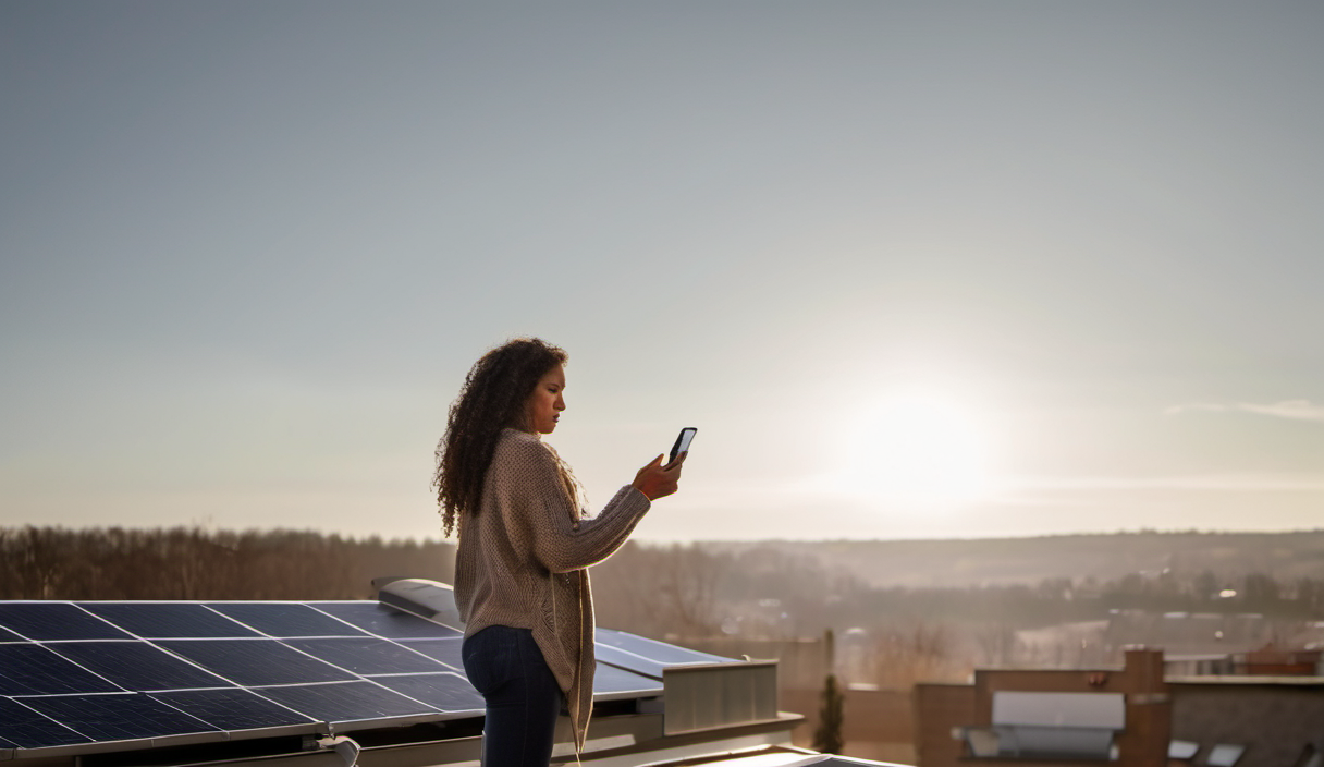 AI-generated image: A woman is standing on a rooftop, looking at a smartphone.