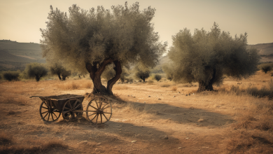 AI-generated image: The image shows a rustic wooden cart with wheels sitting on a dirt ground.