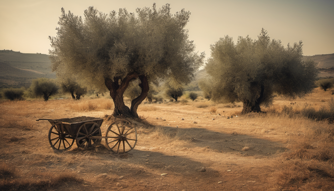 AI-generated image: The image shows a rustic wooden cart with wheels sitting on a dirt ground.