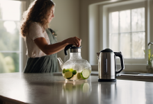 AI-generated image: A woman is standing at a kitchen counter.