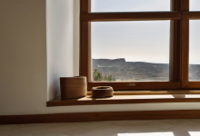 AI-generated image: A large window with a wooden frame and multiple panes of glass.