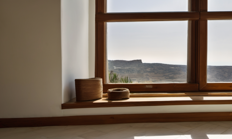 AI-generated image: A large window with a wooden frame and multiple panes of glass.