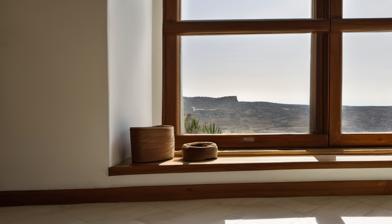 AI-generated image: A large window with a wooden frame and multiple panes of glass.