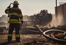 AI-generated image: A firefighter wearing a yellow helmet and protective gear is standing in the foreground, operating a hose connected to a nozzle.