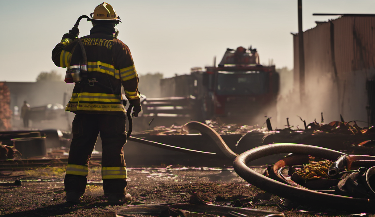 AI-generated image: A firefighter wearing a yellow helmet and protective gear is standing in the foreground, operating a hose connected to a nozzle.