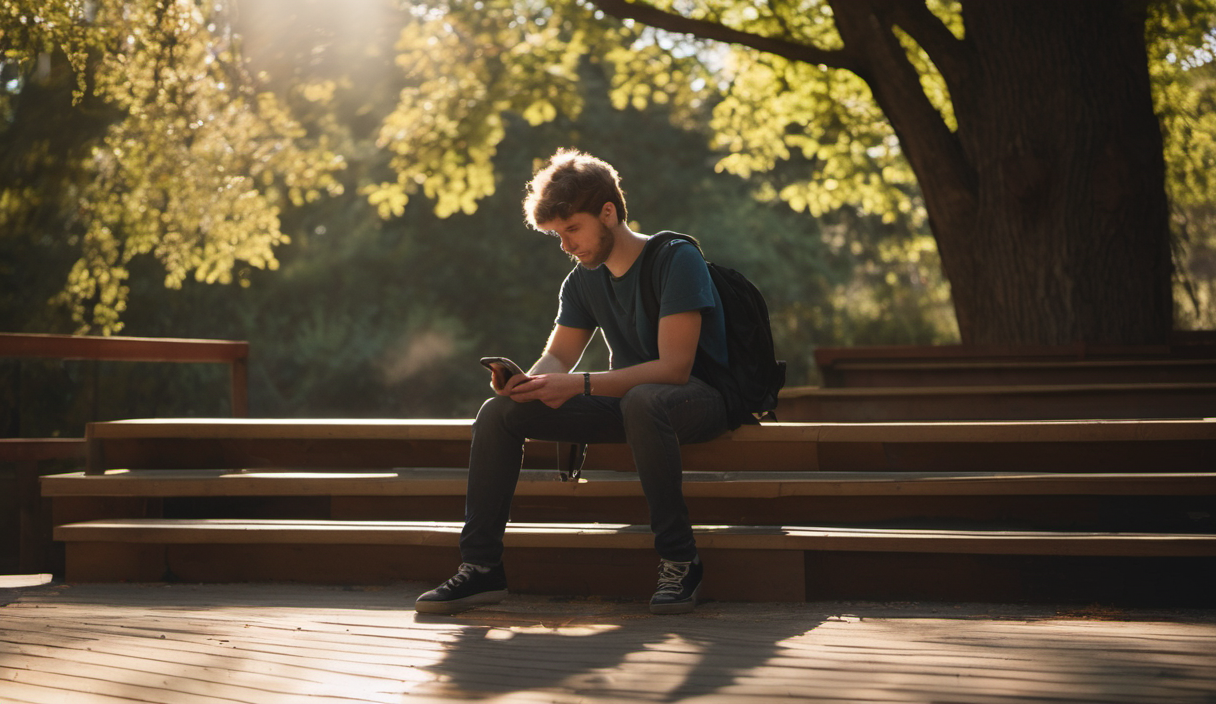 AI-generated image: A young man is sitting on a wooden staircase outdoors.