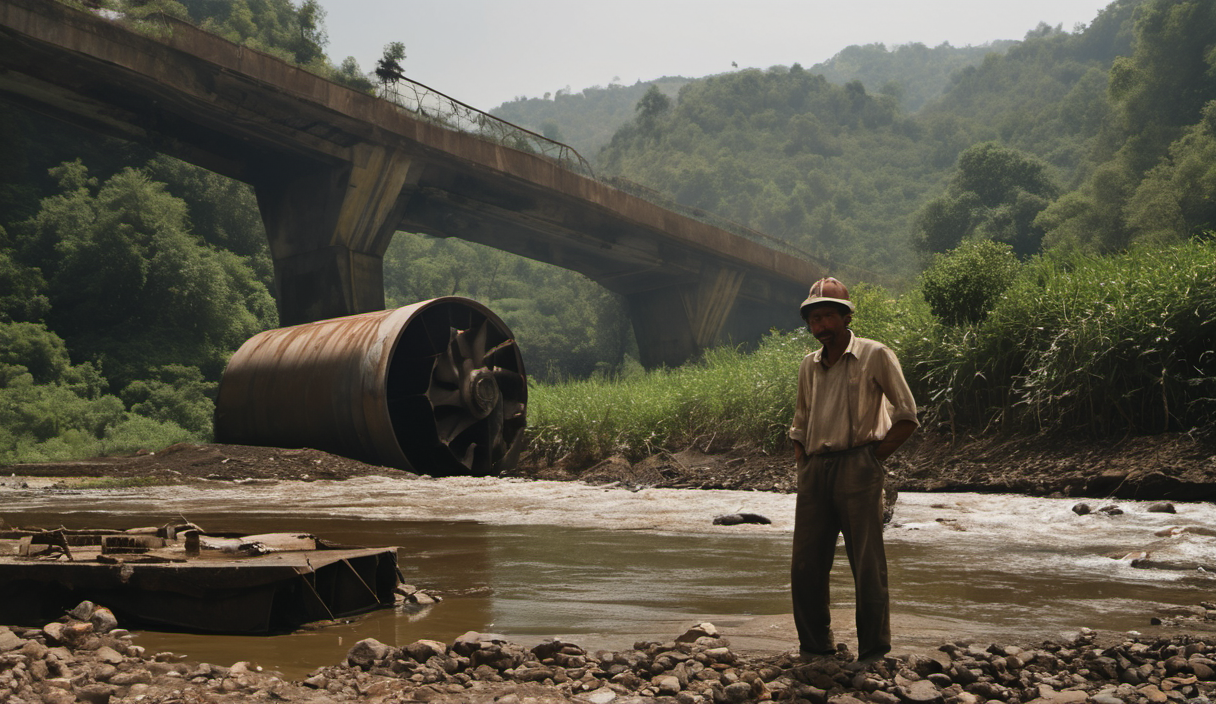 AI-generated image: The image shows a man wearing a light-colored helmet and a light-colored shirt and pants, standing on a rocky shoreline.