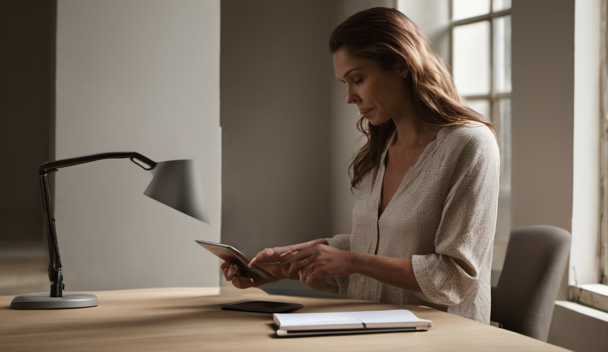 AI-generated image: A woman is sitting at a wooden desk.