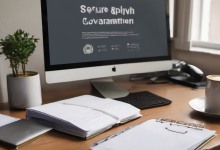 AI-generated image: A wooden desk with a computer monitor displaying a dark background with the text "Secure & Lively Governance" and a coffee cup and a small potted plant.