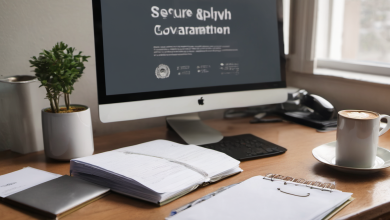 AI-generated image: A wooden desk with a computer monitor displaying a dark background with the text "Secure & Lively Governance" and a coffee cup and a small potted plant.
