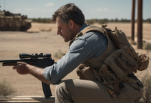 AI-generated image: A man is kneeling on a wooden surface, holding a rifle with a scope.