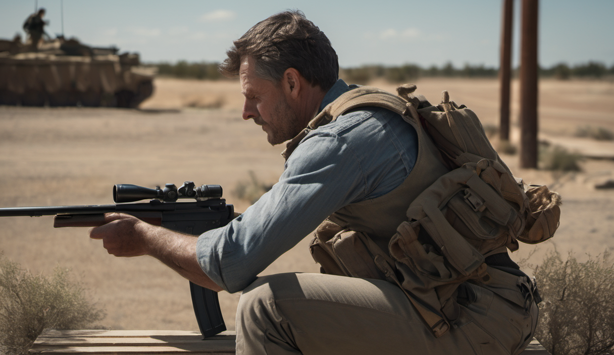AI-generated image: A man is kneeling on a wooden surface, holding a rifle with a scope.