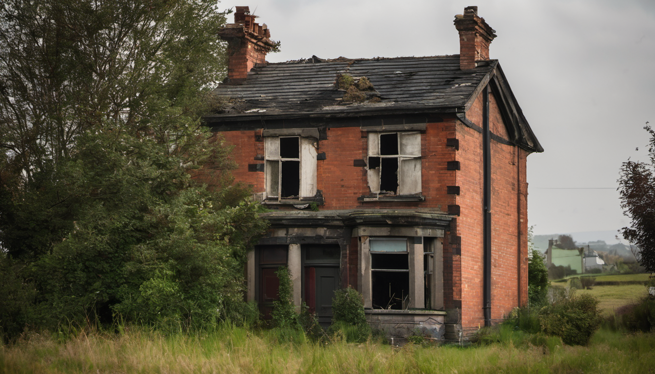 AI-generated image: A dilapidated, two-story brick house with a slate roof.