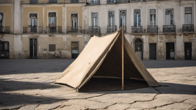 AI-generated image: A large, beige canvas tent is the main subject.