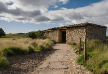 AI-generated image: The image shows a small, stone building with a wooden door and a slate roof.