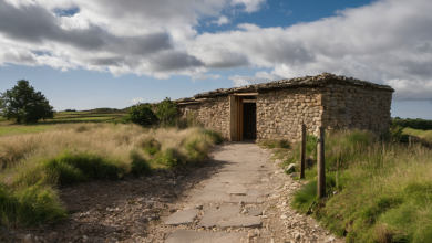 AI-generated image: The image shows a small, stone building with a wooden door and a slate roof.