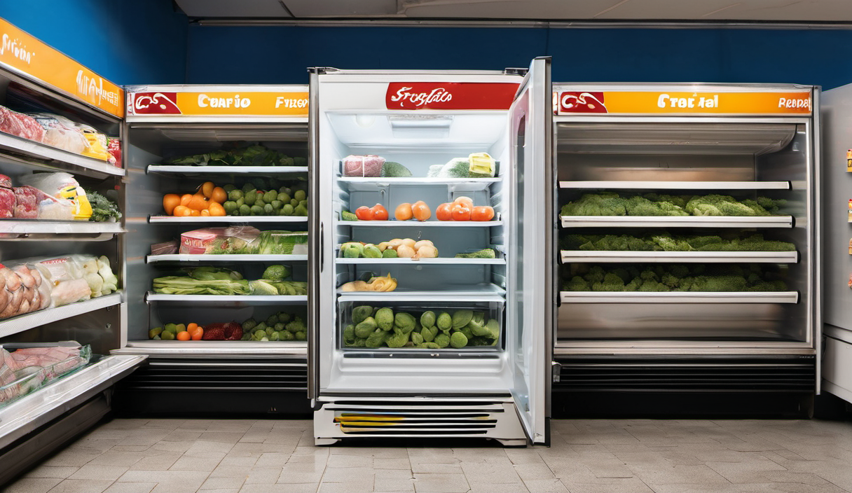 AI-generated image: The image shows a refrigerated display case in a retail setting.