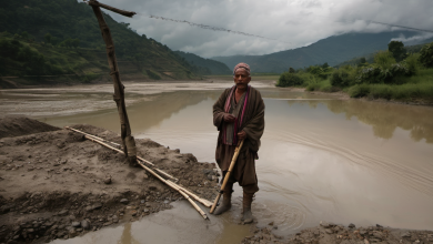 AI-generated image: A man is standing in a muddy riverbank.