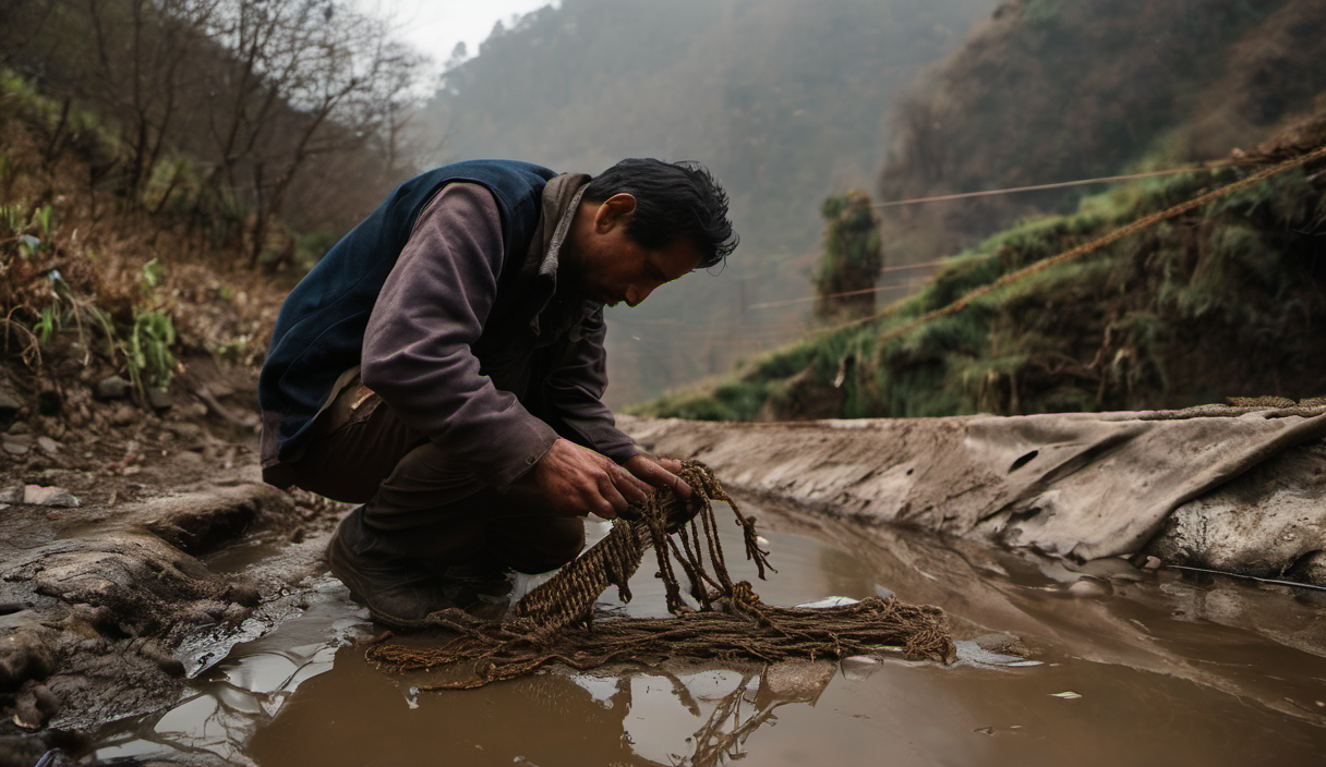 AI-generated image: A man is kneeling in a muddy ditch.