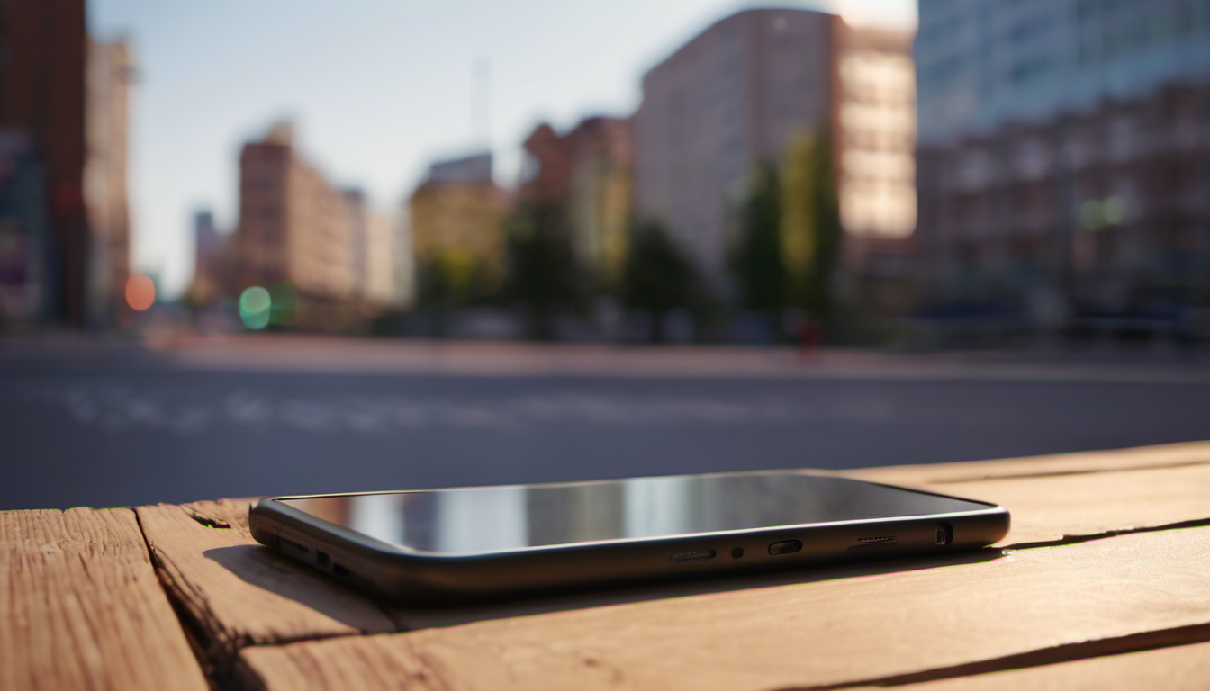 AI-generated image: A smartphone is lying on a wooden surface.