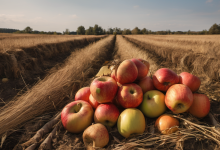AI-generated image: A pile of apples, mostly red and green, rests on a bed of dried straw and hay.
