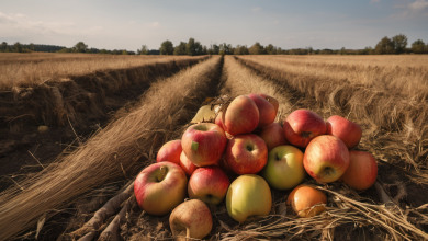 AI-generated image: A pile of apples, mostly red and green, rests on a bed of dried straw and hay.