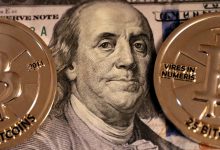 Benjamin Franklin on the $100 dollar bill with two 25 Bitcoin Casascius Gold Rounds by Gage Skidmore.jpg
