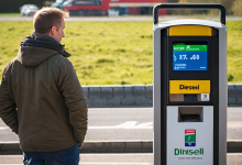 AI-generated image: A man wearing a brown jacket is standing in front of a fuel pump.