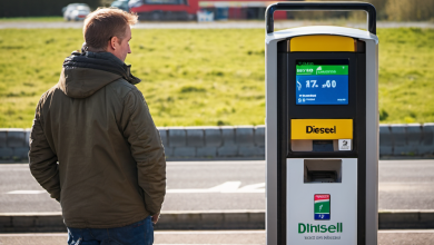 AI-generated image: A man wearing a brown jacket is standing in front of a fuel pump.