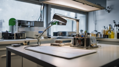 AI-generated image: A white laboratory table with a light fixture above it.