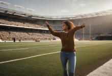 AI-generated image: The image shows a woman standing on a green grass field, likely a football field, in the foreground.