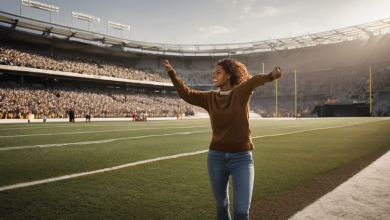 AI-generated image: The image shows a woman standing on a green grass field, likely a football field, in the foreground.
