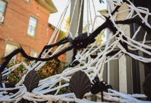 A fake spider web and spider outside a house