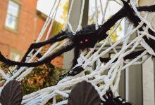 A fake spider web and spider outside a house