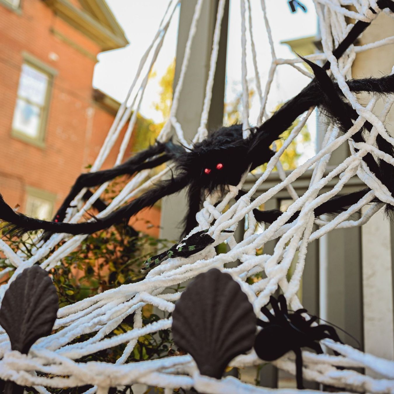 A fake spider web and spider outside a house