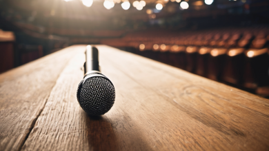 AI-generated image: A black microphone is positioned on a wooden surface.
