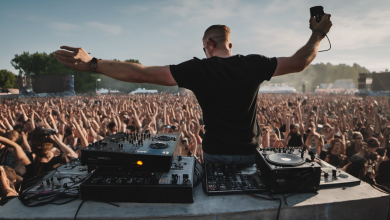 AI-generated image: The image shows a DJ performing on stage at an outdoor concert.